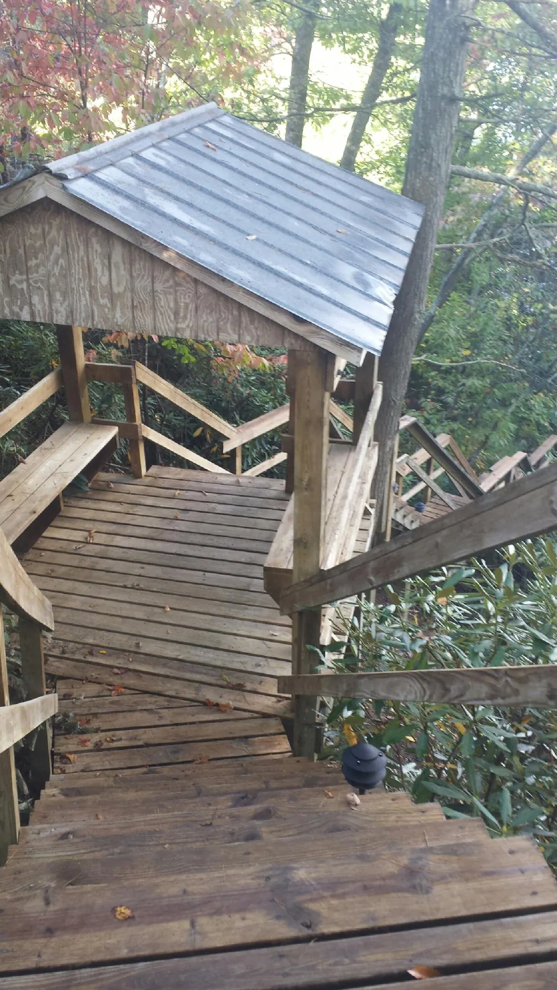 Metal roofed shelter over wooden steps on a wooded walkway — Skylight Repair & Installation work by our crew in Cammal